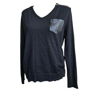 The Kooples Black Merino Wool V Neck Sweater with Leather Pocket - Small‎